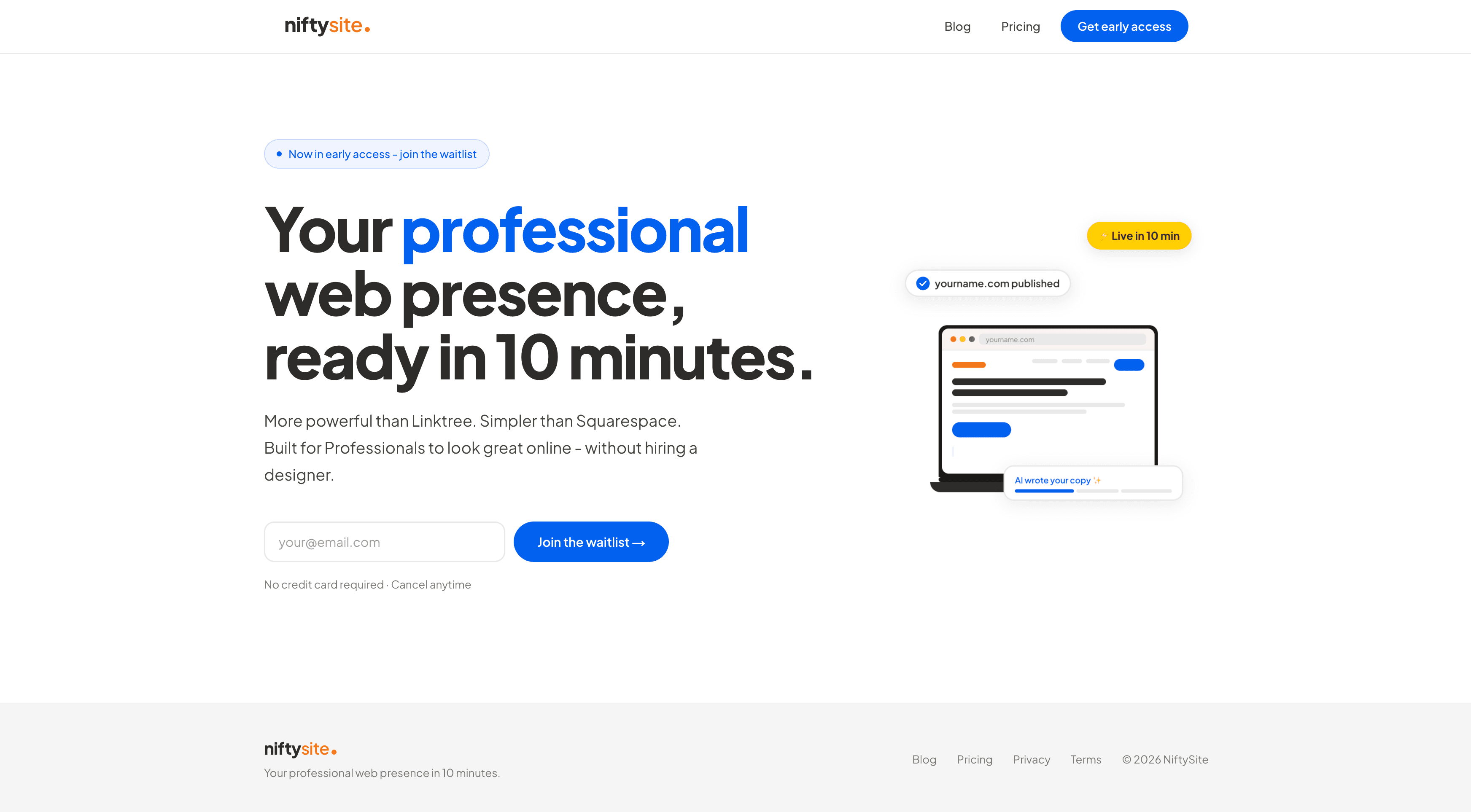 NiftySite homepage with AI copy prompt