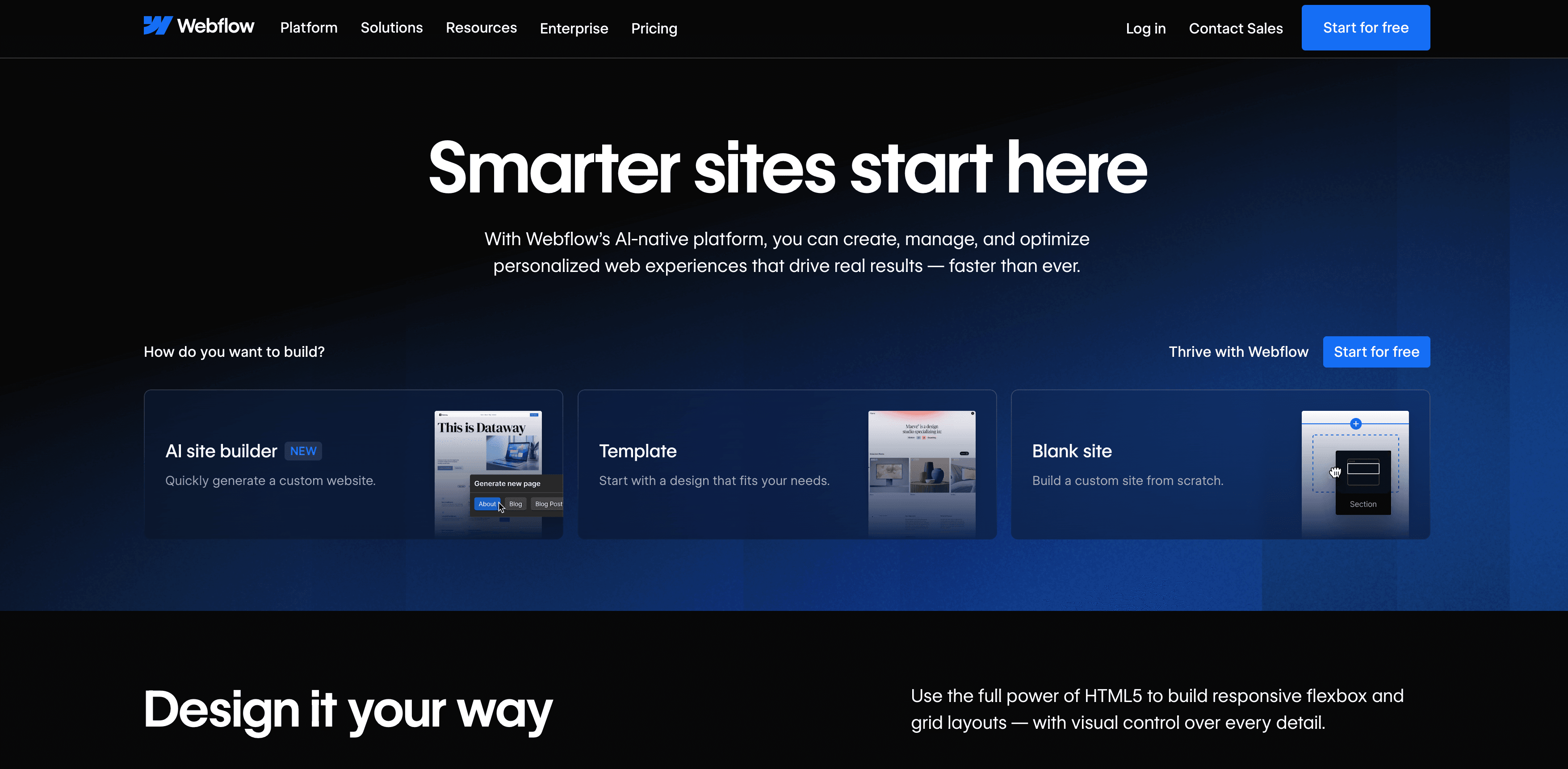 Webflow homepage with visual design canvas